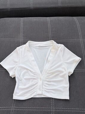 White Ruched V-Neck Crop Top